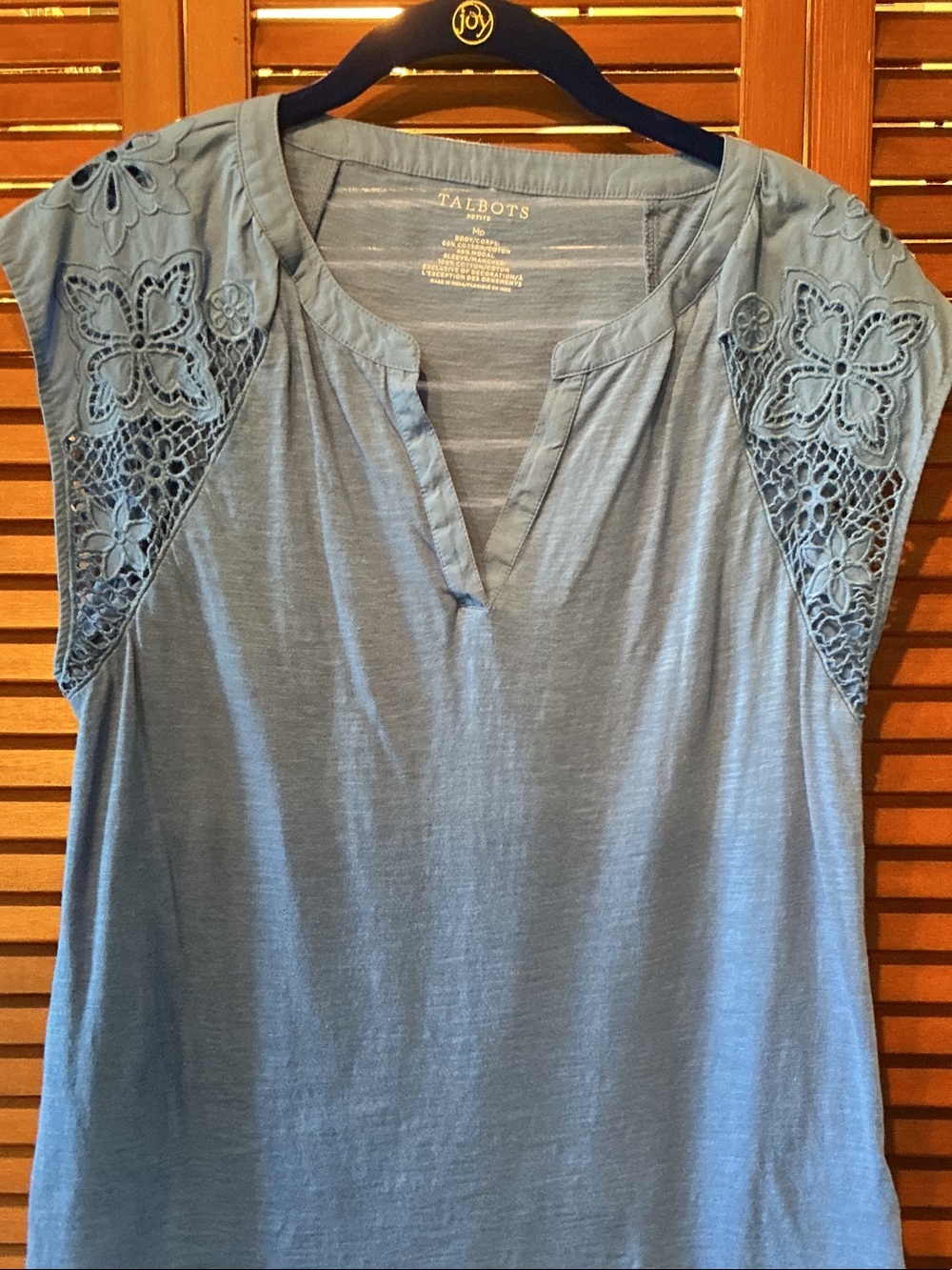 Talbots Light Blue Crochet-Sleeve Split-Neck Jersey top